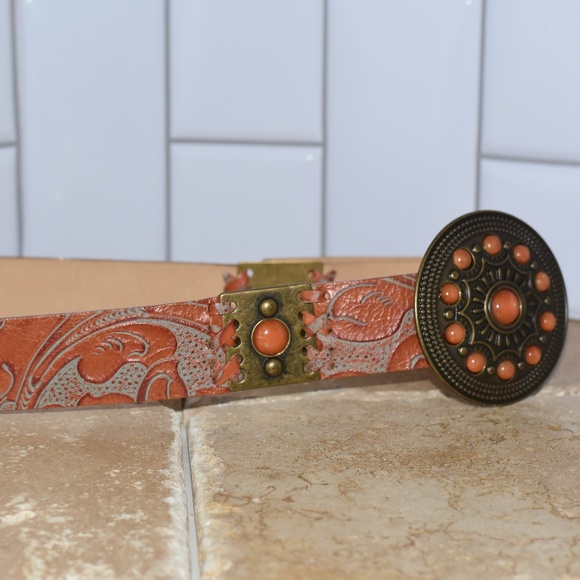 STREET AHEAD Embossed Italian Leather Belt Round Brass Stone Embellished Buckle